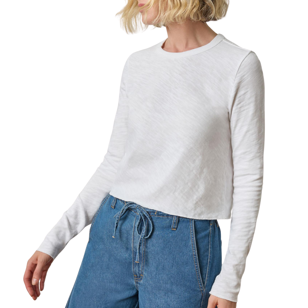 Long Sleeve Cropped Tee in White