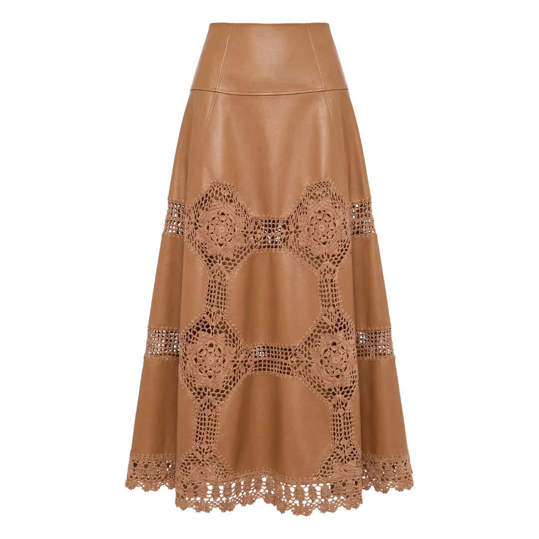 Izra Crochet & Leather Skirt in Camel