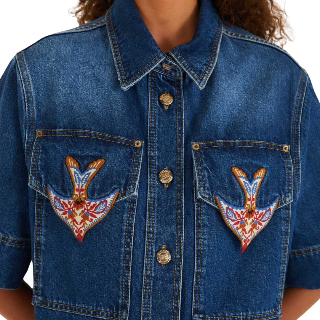 Porcelain Birds Embroidered Shirt in Denim