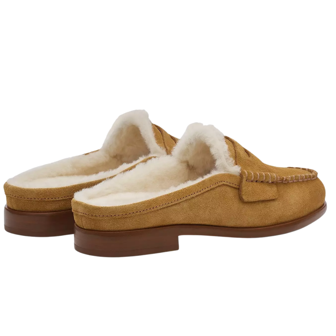 Carter Suede Shearling Mules in Caramel