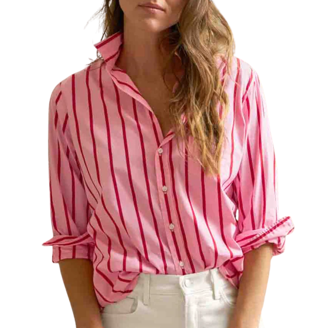 Eileen Relaxed Button-Up Shirt in Pink and Red Stripe