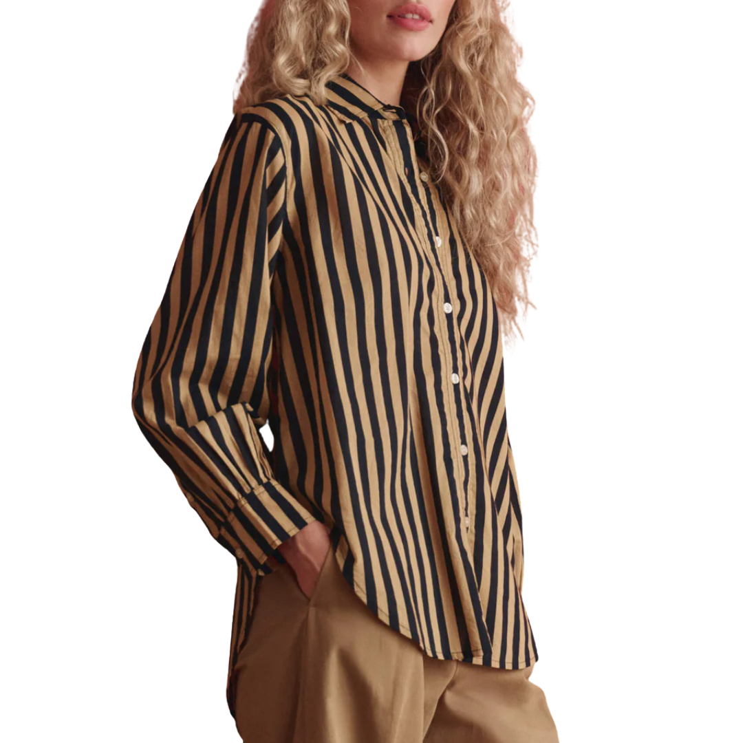 The Daily Button Up in Khaki/Black Club Stripe