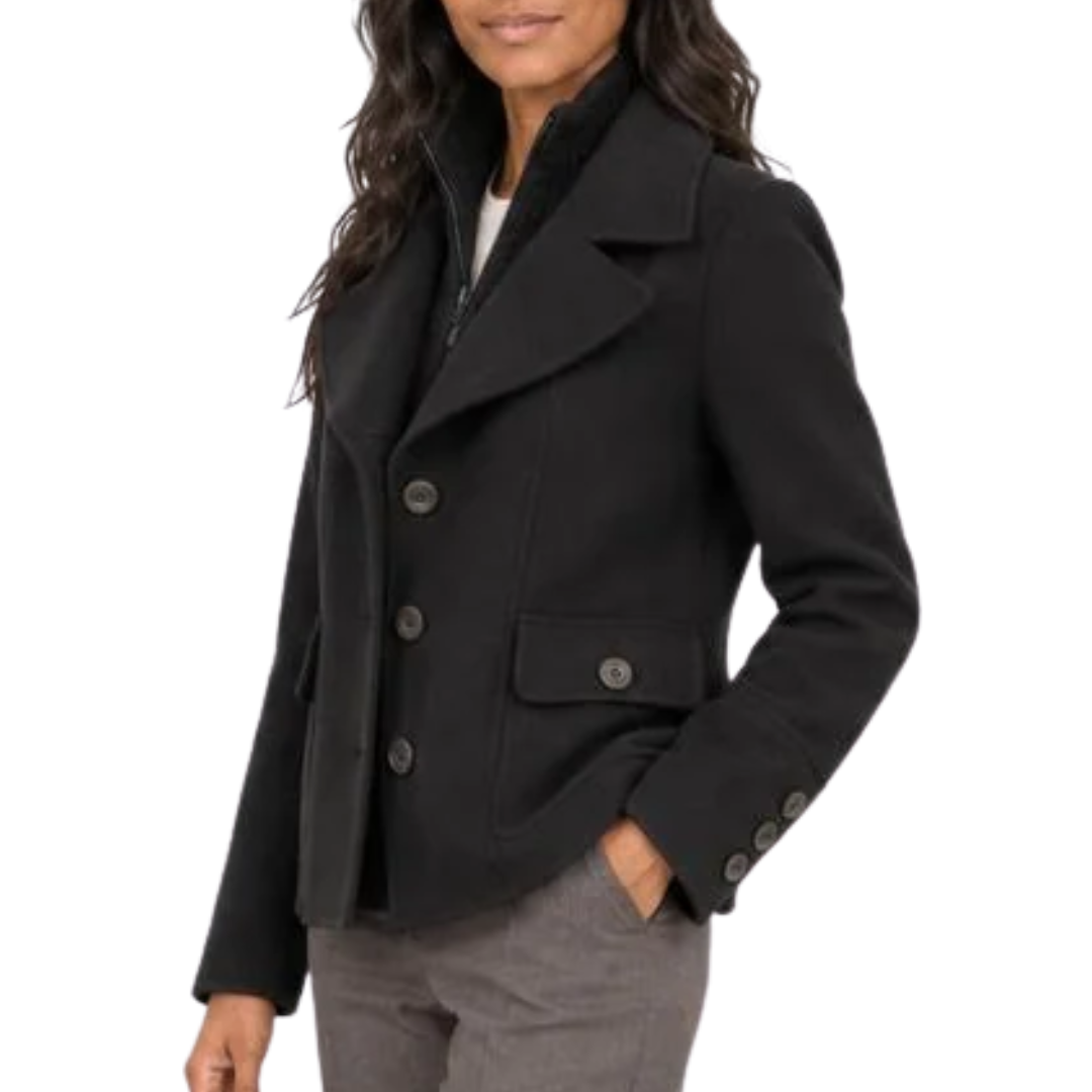 Cable Knit Insert Notch Collar Coat in Black