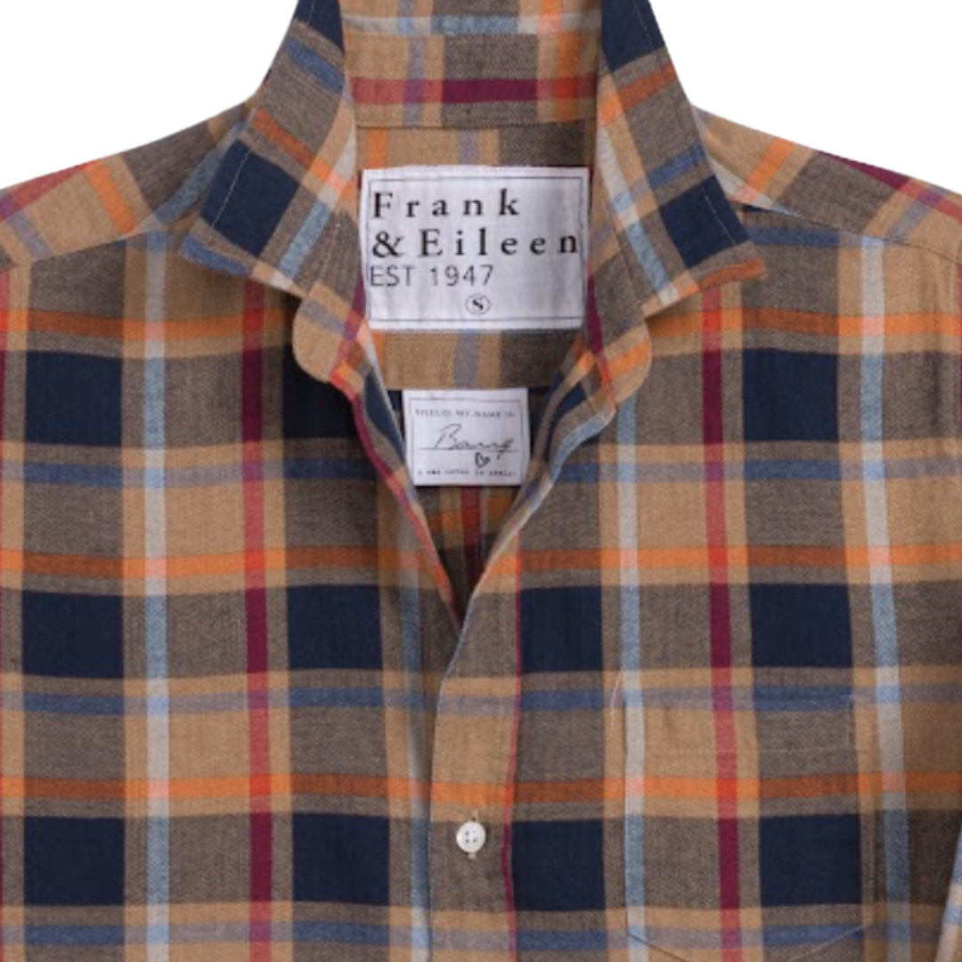 Barry Tailored Button-Up Shirt in Gold and Navy with Orange Plaid Flannel