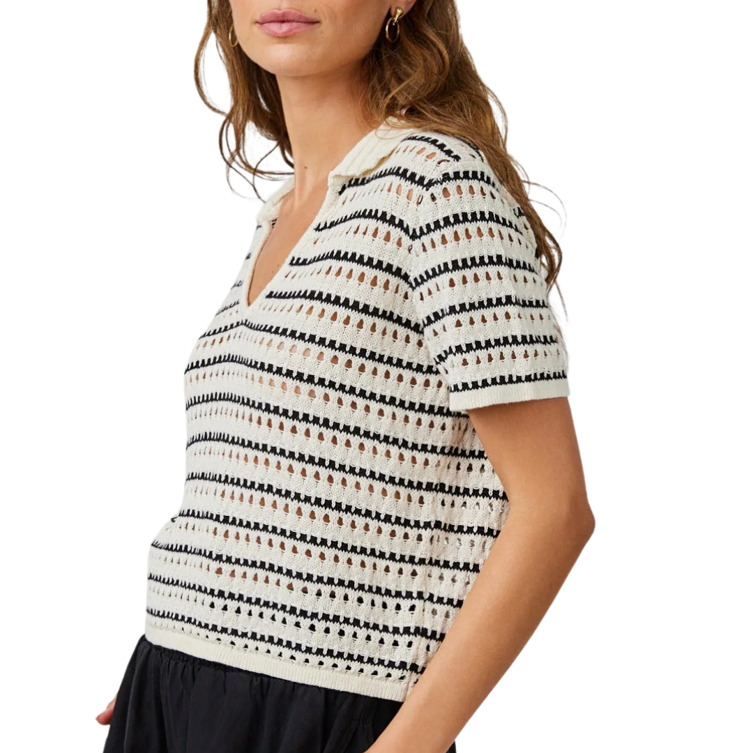 Collared Popover Sweater in Ivory & Black Stripes