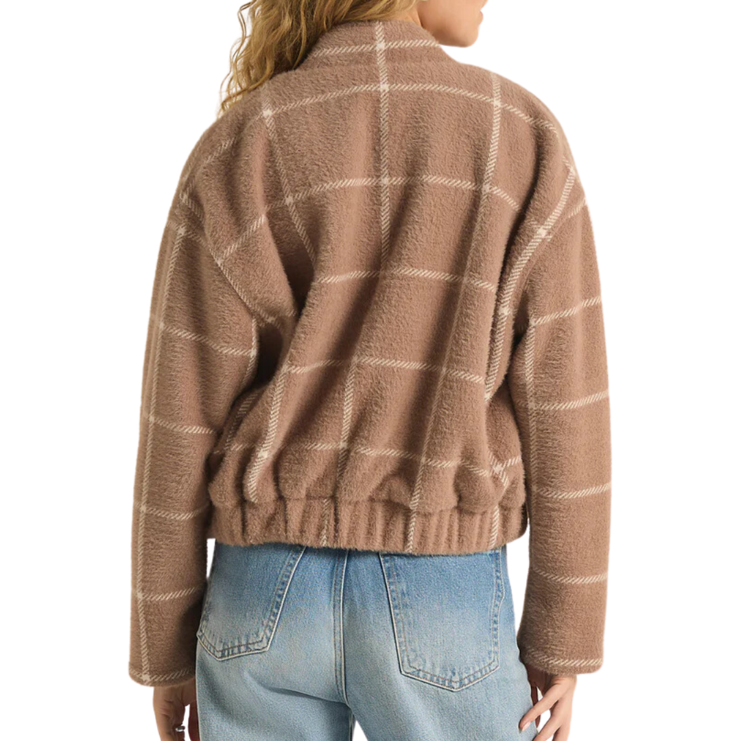 Lex Plaid Sweater Knit Bomber Jacket in Heather Taupe