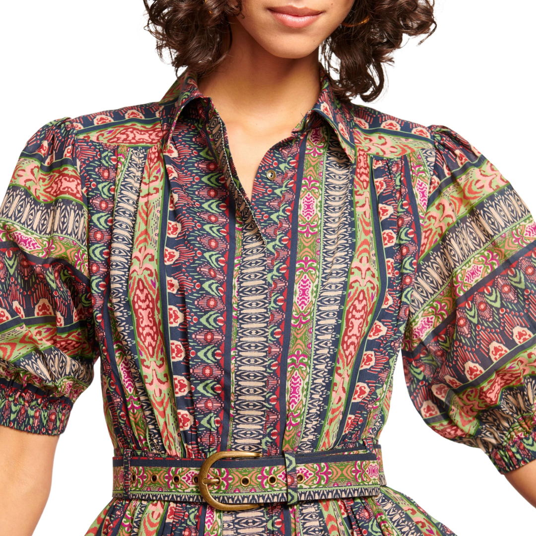 Abilene Puff Sleeve Mini Dress in Navy Ikat