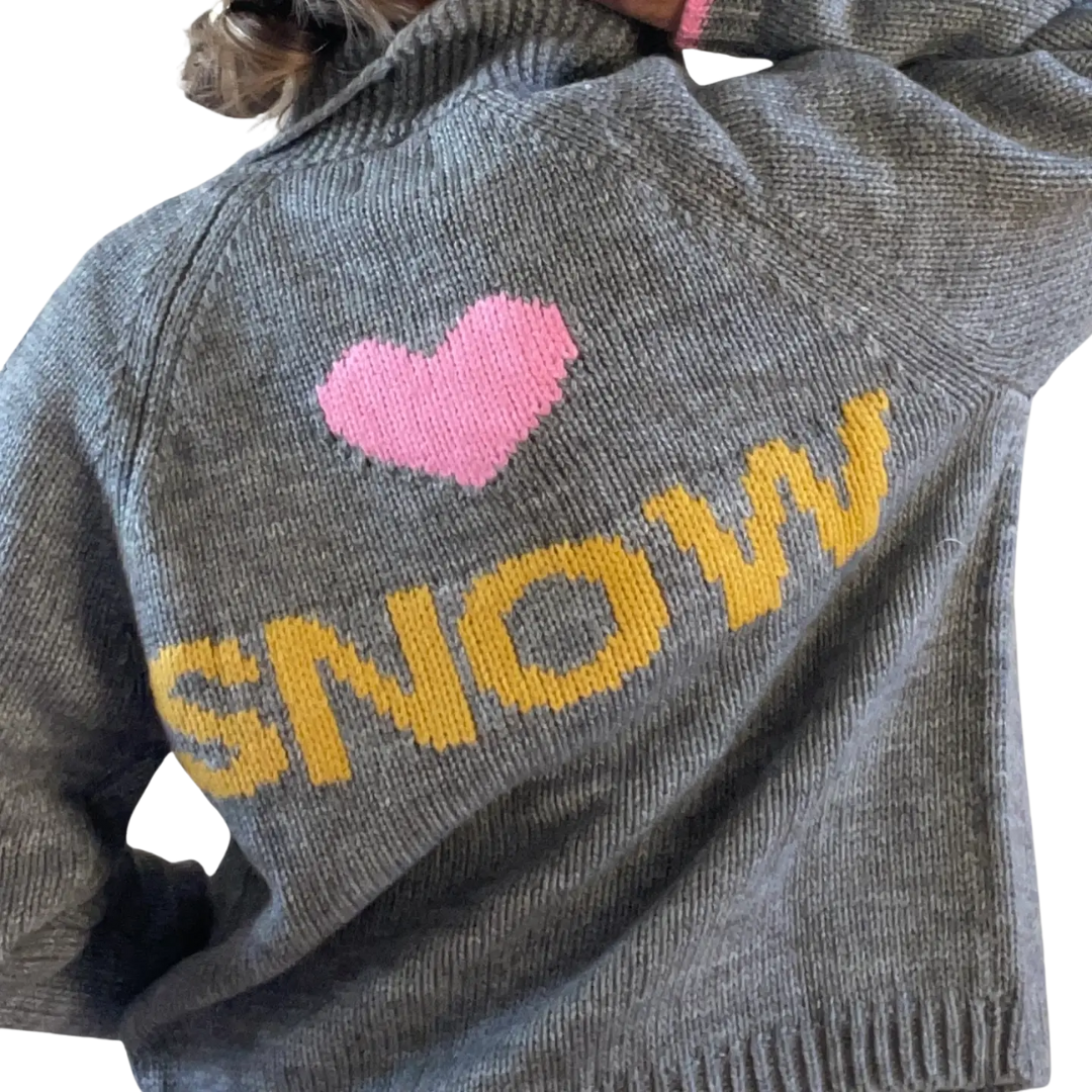 Chunky Heart Snow Letterman Sweater in Grey
