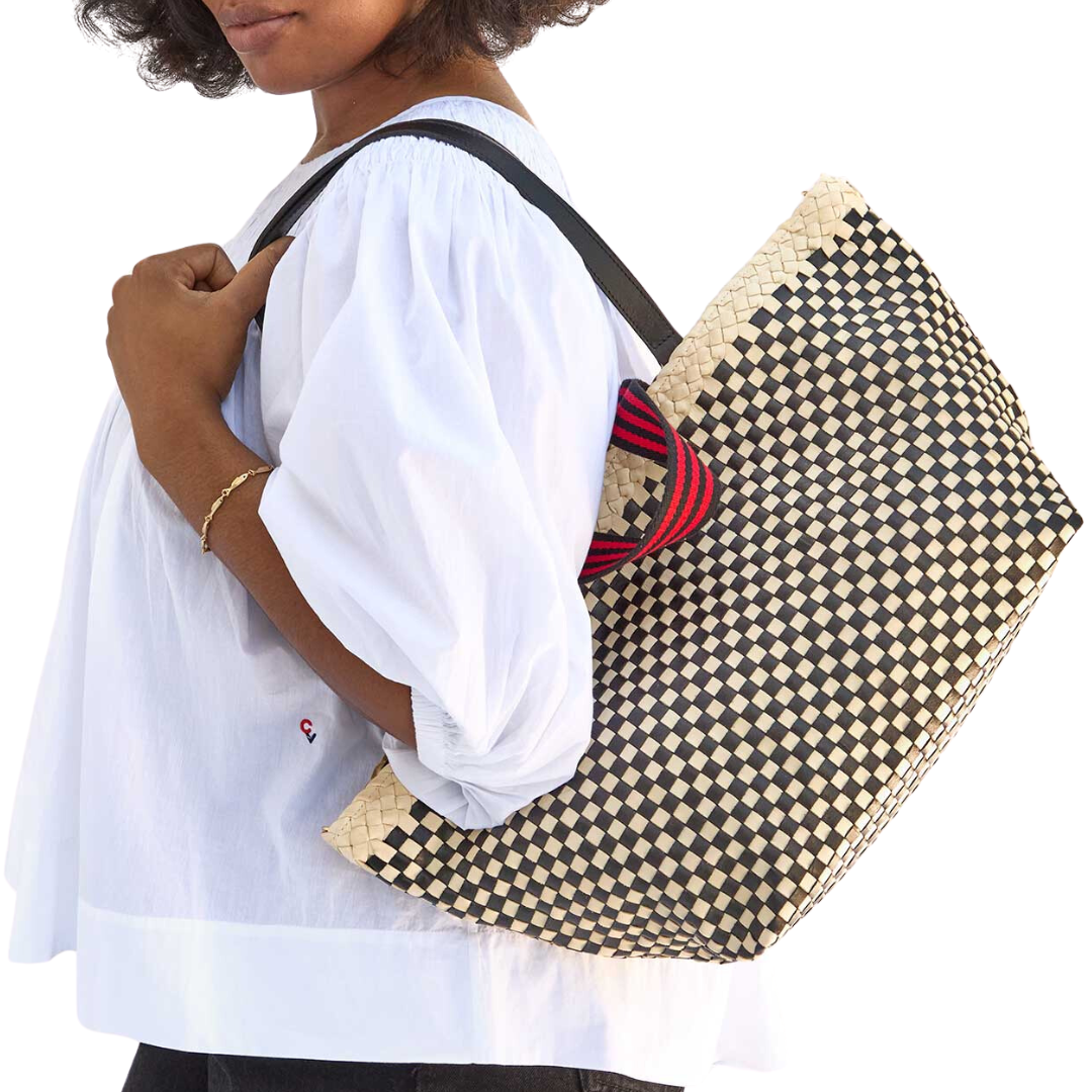 Bateau Tote in Cream & Black Border Woven Checker