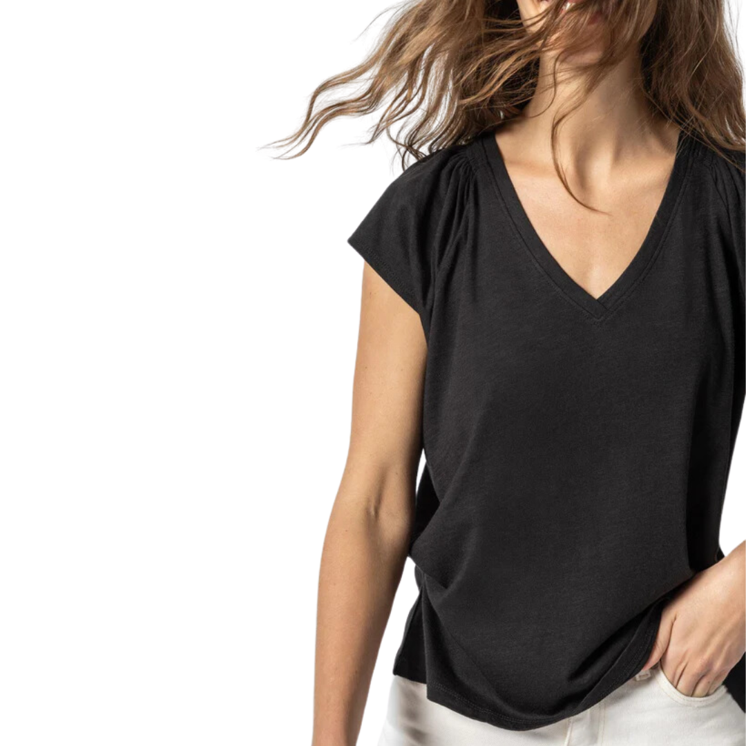 Shirred Shoulder V-Neck in Black
