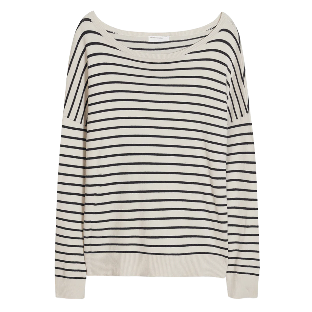 Organic Cotton Striped Boat Neck Long Sleeve Sweater in Chalk