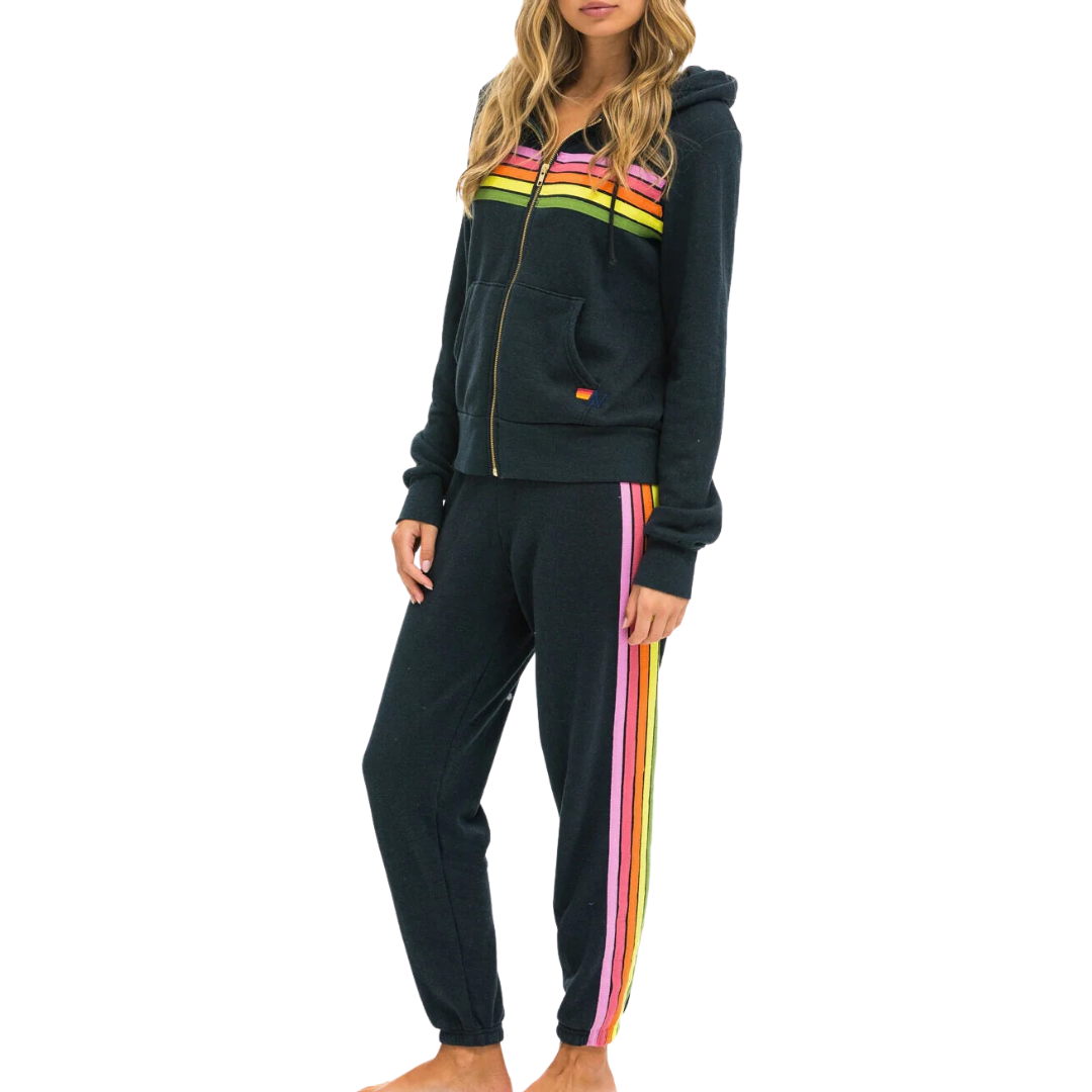 5 Stripe Hoodie in Charcoal/Pink/Green