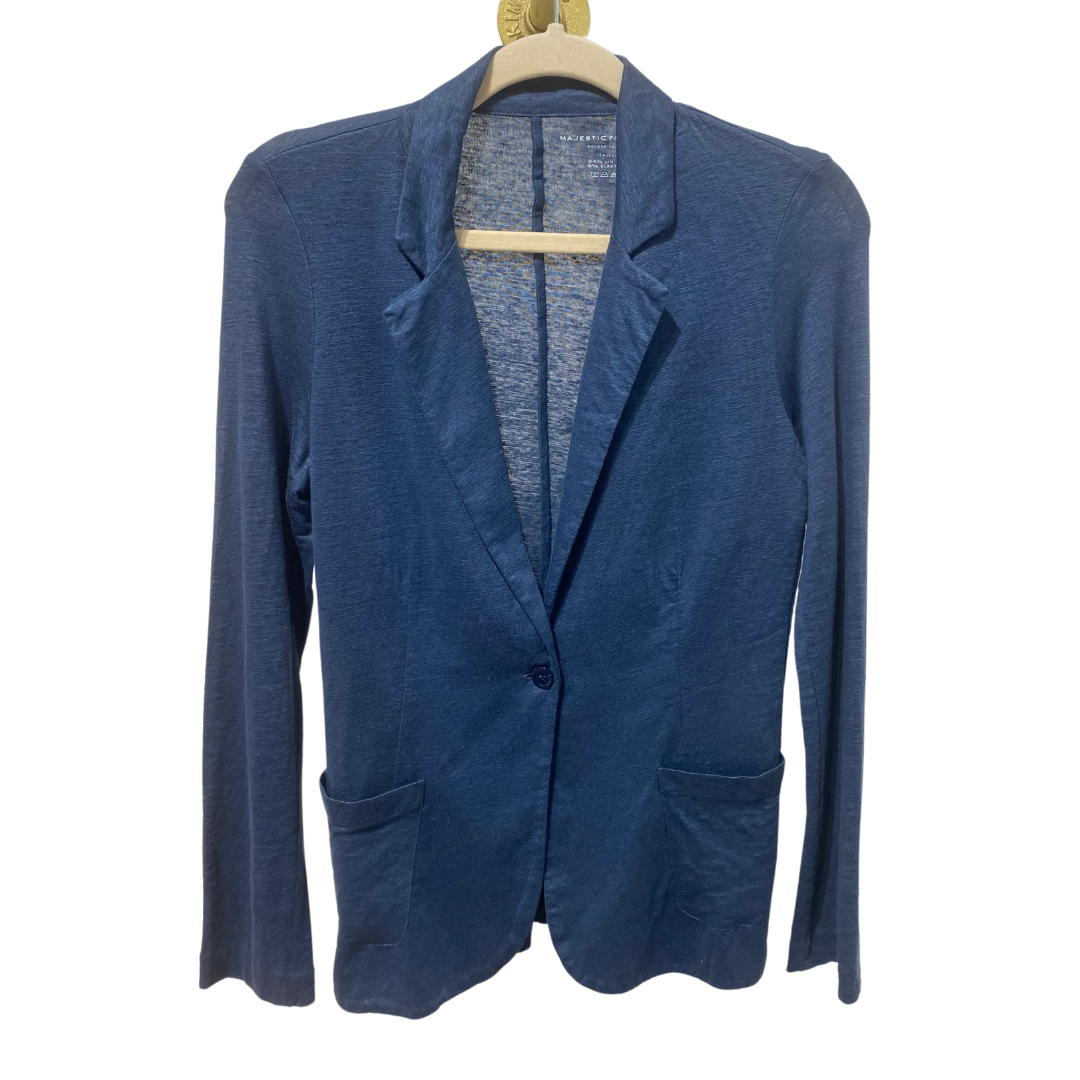 Stretch Linen One Button Blazer with Two Pockets in Bleu Taormina