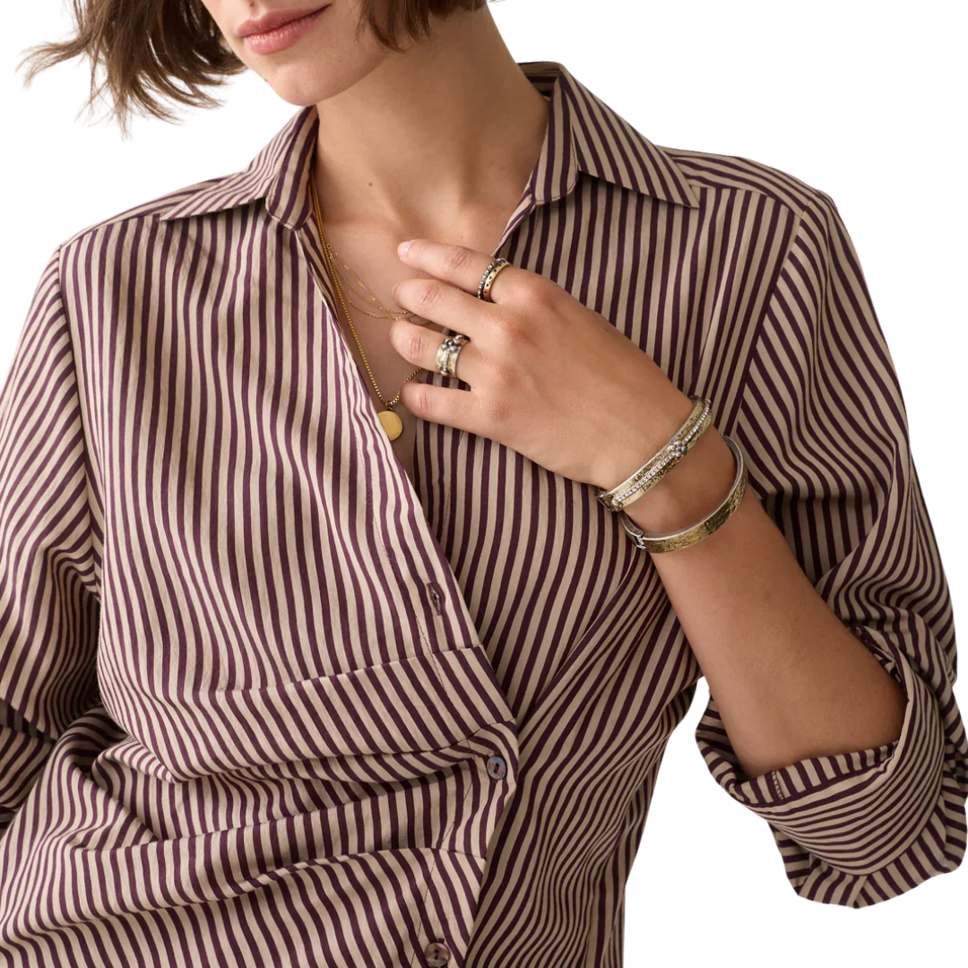 Two Tone Small Stripe Blouse in Dark Burgundy
