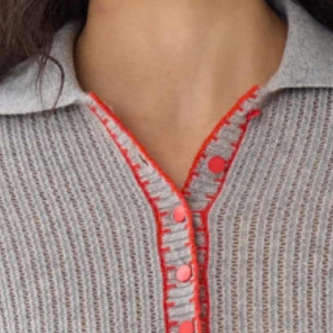Ladder Stitch Polo With Blanket Stitch Detail in Sweatshirt/Red Pepper