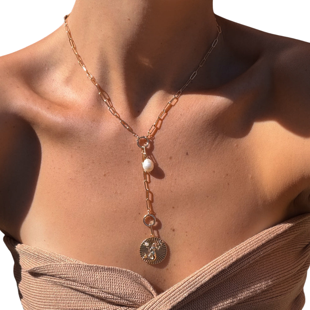 Finn Paperclip Charm Lariat Necklace in 14k Gold Plated