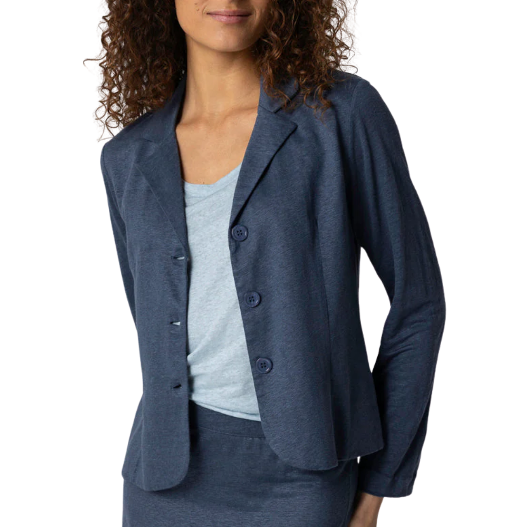 Stretch Linen Three Button Blazer in Bleu de Nimes