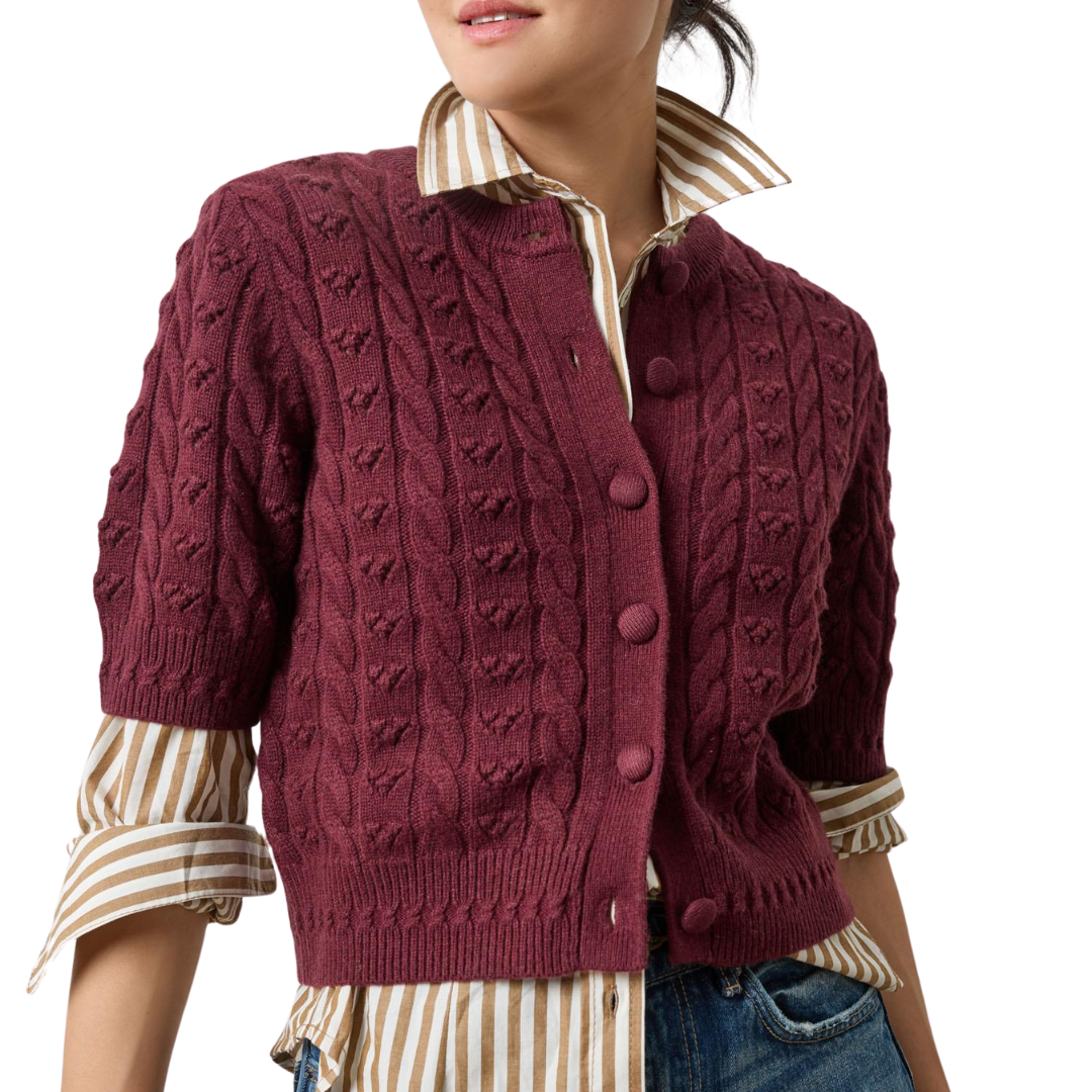 Short Sleeve Cardigan Sweater in Plum