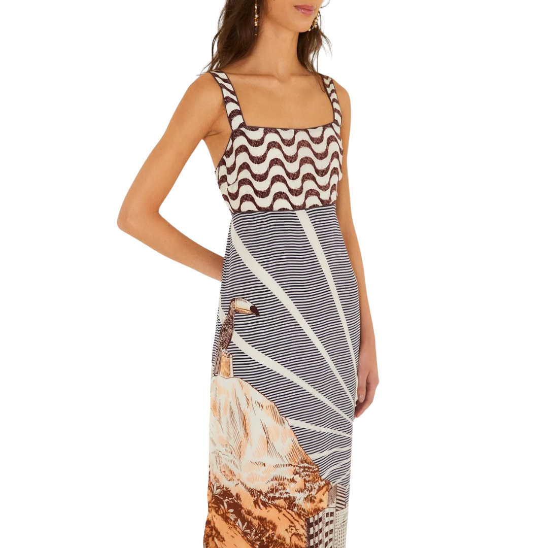 Mixed Carioca Coffee Scarves Sleeveless Midi Dress in Multicolor