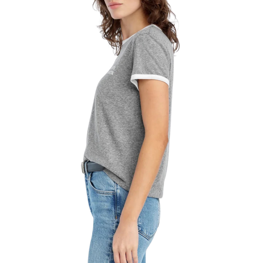 The Collegiate Chest Logo Ringer Tee in Heather Grey White