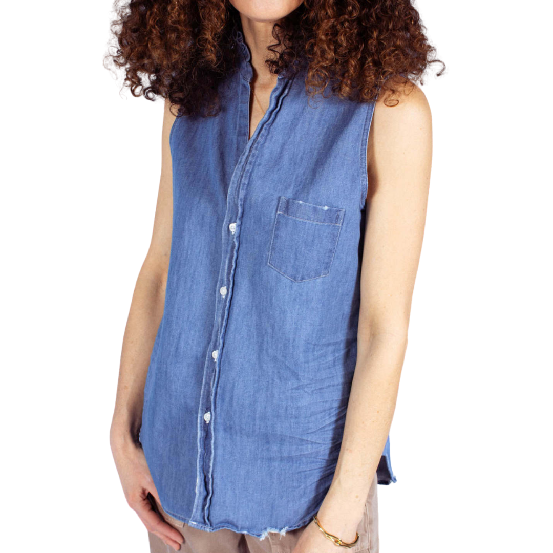 Sleeveless Ruffle Collar Button Up in Vintage Stonewashed Indigo