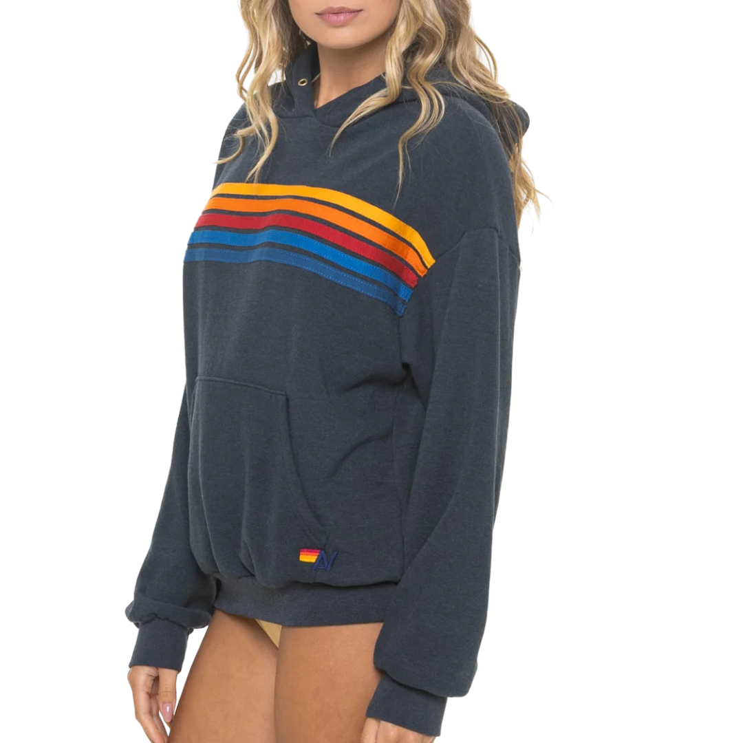 5 Stripe Relaxed Pullover Hoodie in Charcoal
