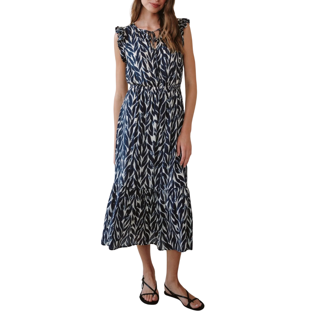 navy ruffle midi dress Ruffle Midi Dress in Navy Leaves