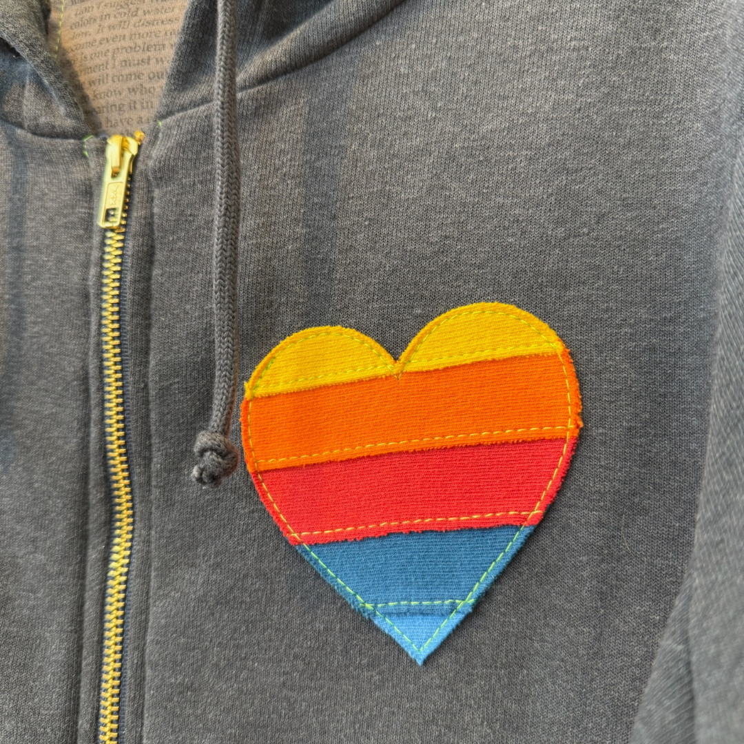 Rainbow Heart Stitch Zip Hoodie W/ Pockets in Charcoal