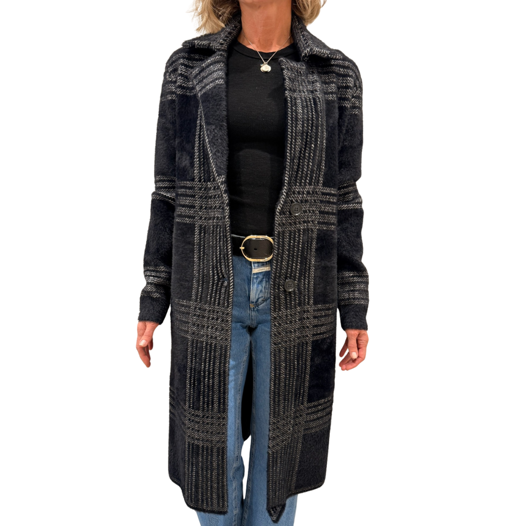 Lorie Single-Breasted Knit Coat in Black