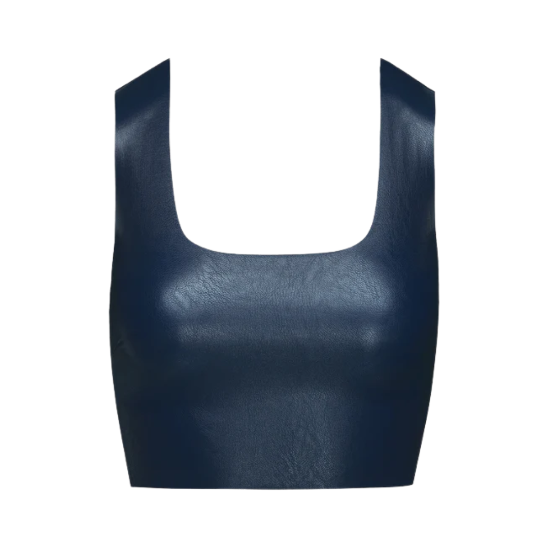 Faux Leather Squareneck Crop Top in Navy