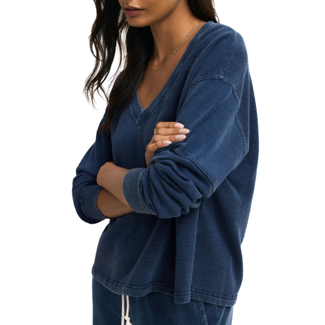 Delphine Knit Denim V-Neck Sweatshirt in Indigo