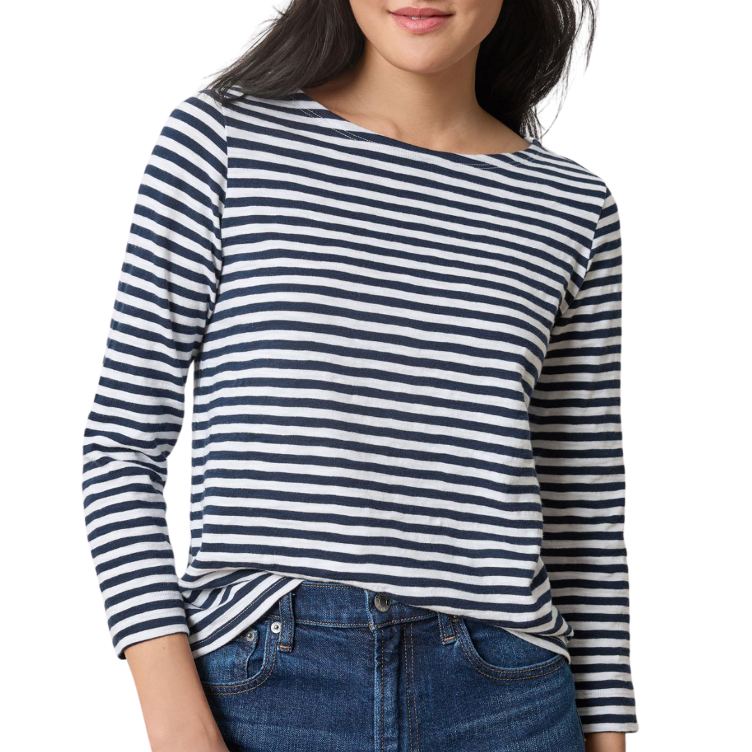 3/4 Sleeve Striped Boatneck in Navy Stripe