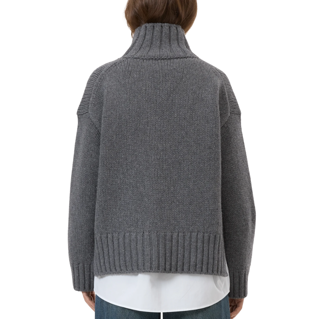 Pure Wool Roll Neck Pullover in Dark Grey Melange