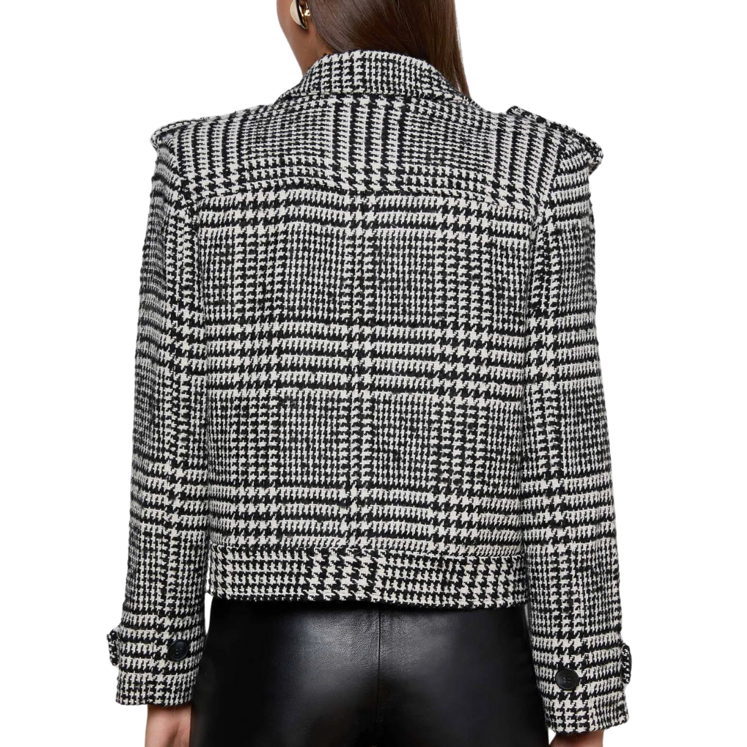 Xoey Cropped Trench Coat in Black/Ivory Glen Plaid