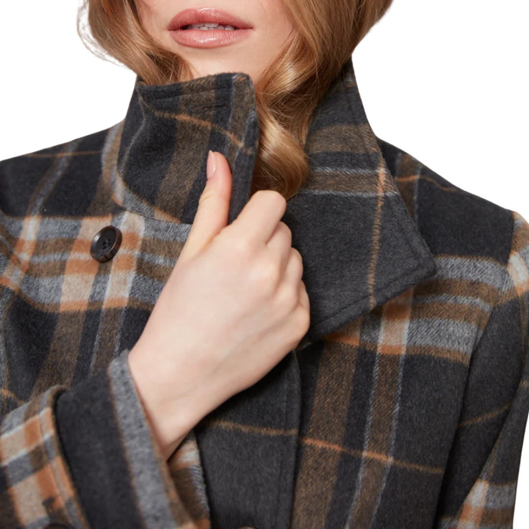 Dakota Double-Breasted Funnel Neck Short Jacket in Charcoal/Camel Plaid