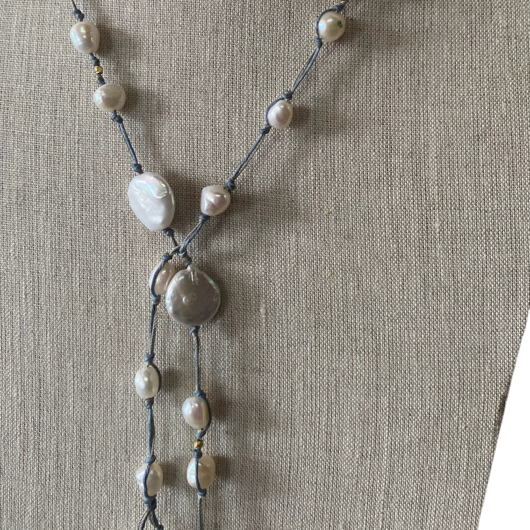 Elsa Silk Lariat in Denim/White Pearl
