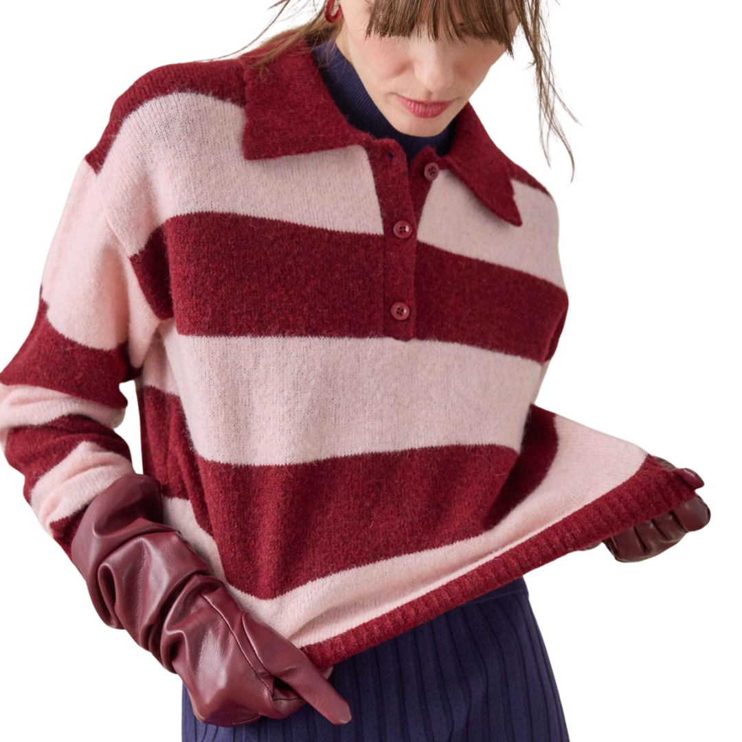 Striped Polo Sweater in Port Stripe