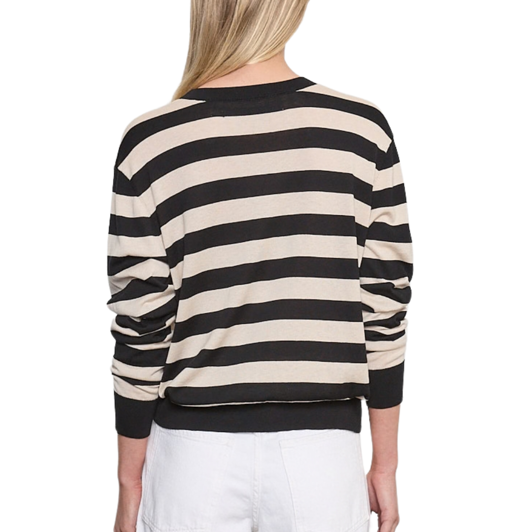 Stripe Silk Knit Crew in Black/Wheat