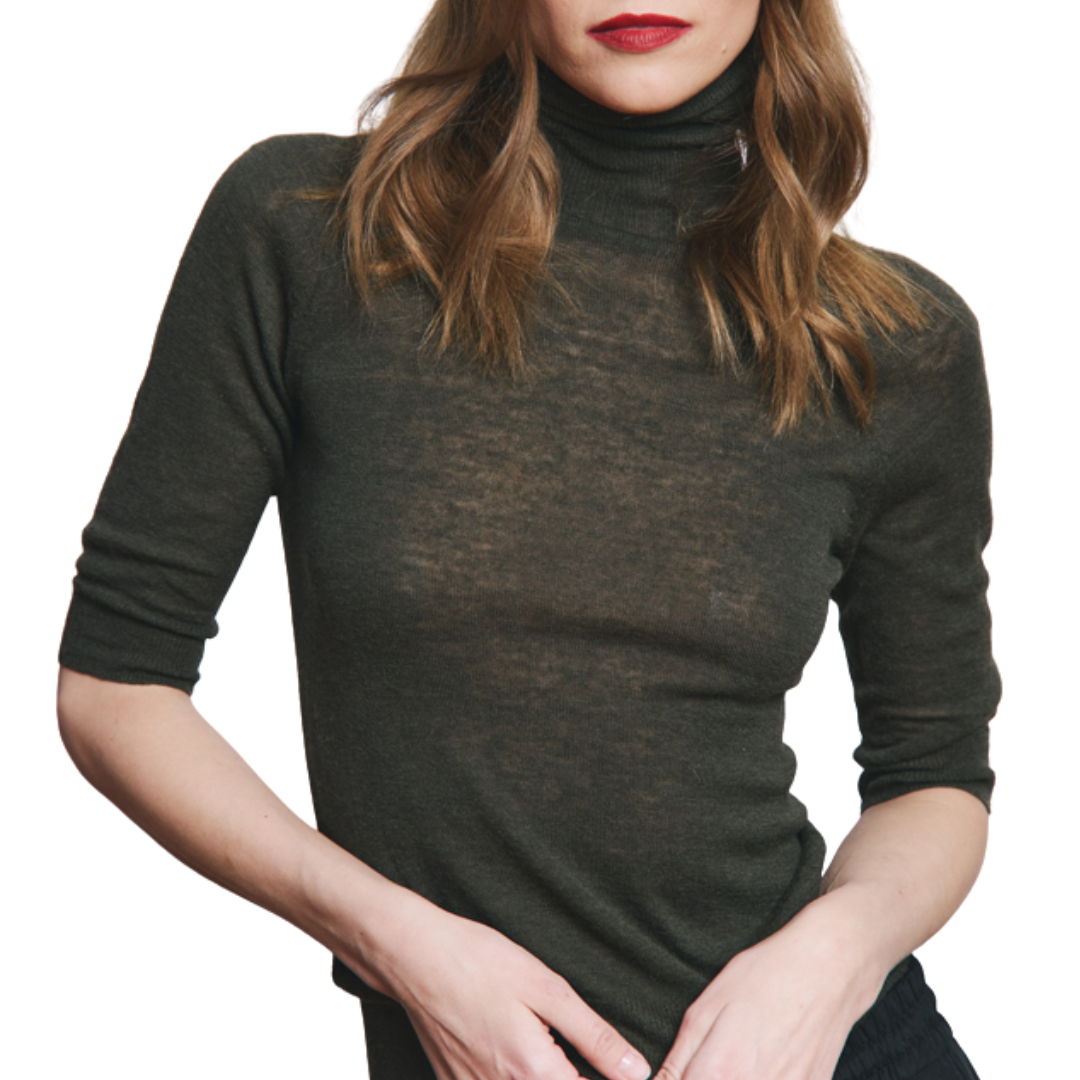 Fitted Sheer Elbow Sleeve Turtleneck in Cypress