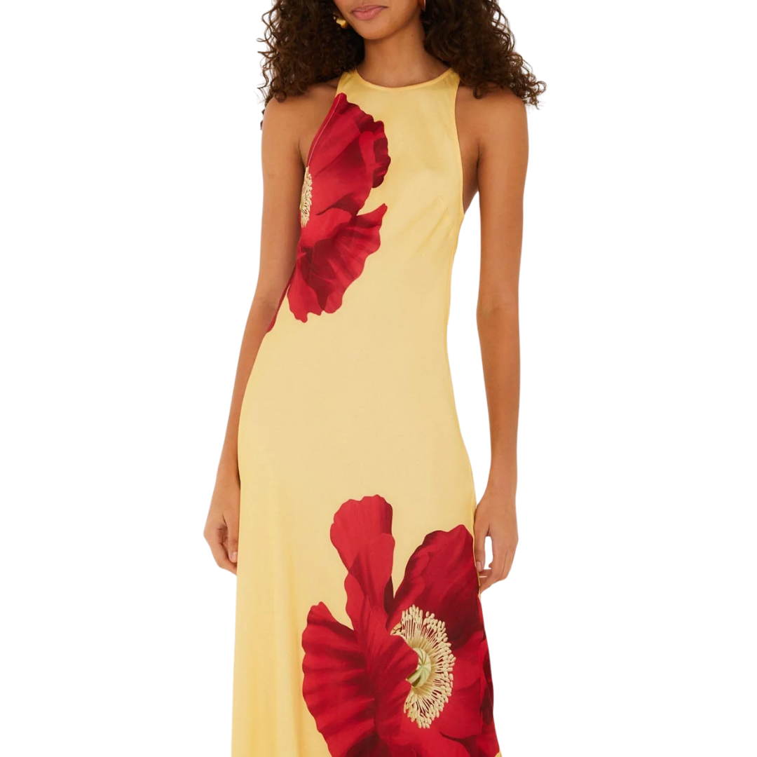 Sleeveless Maxi Dress in Light Yellow Poppy Flowers