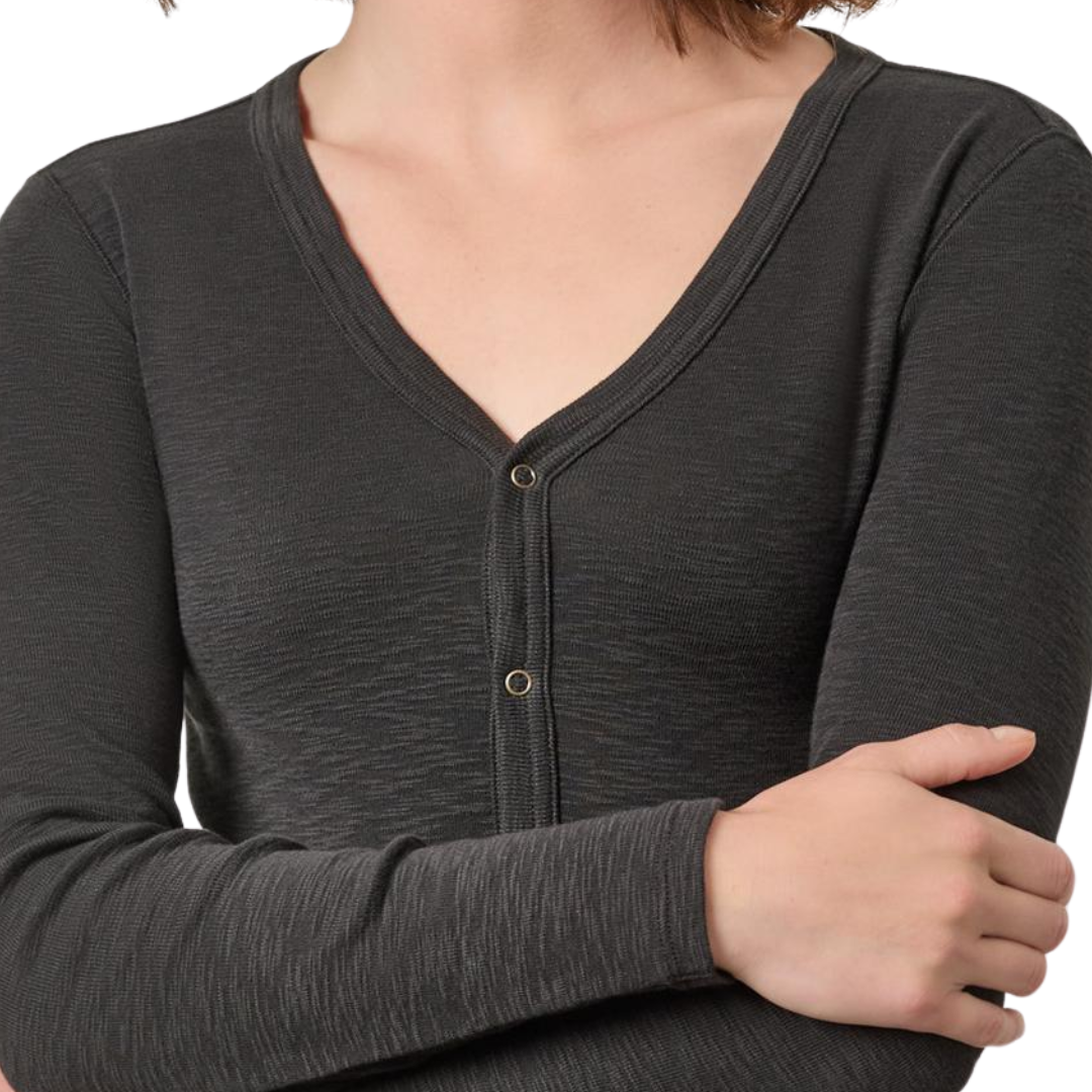 Ribbed Slub Snap V-Neck in Black