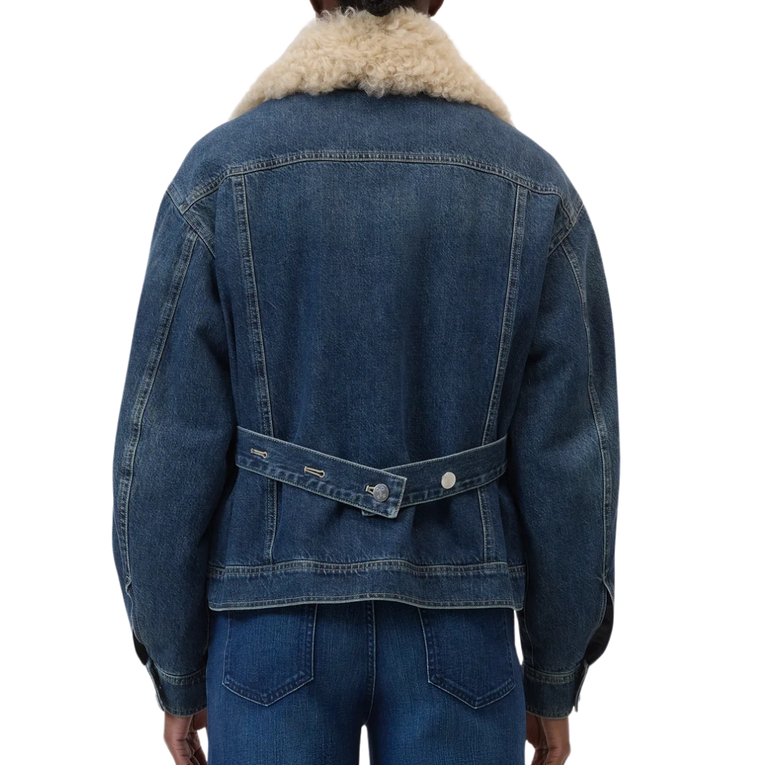 Denim Jacket Shearling Collar in Dark Blue
