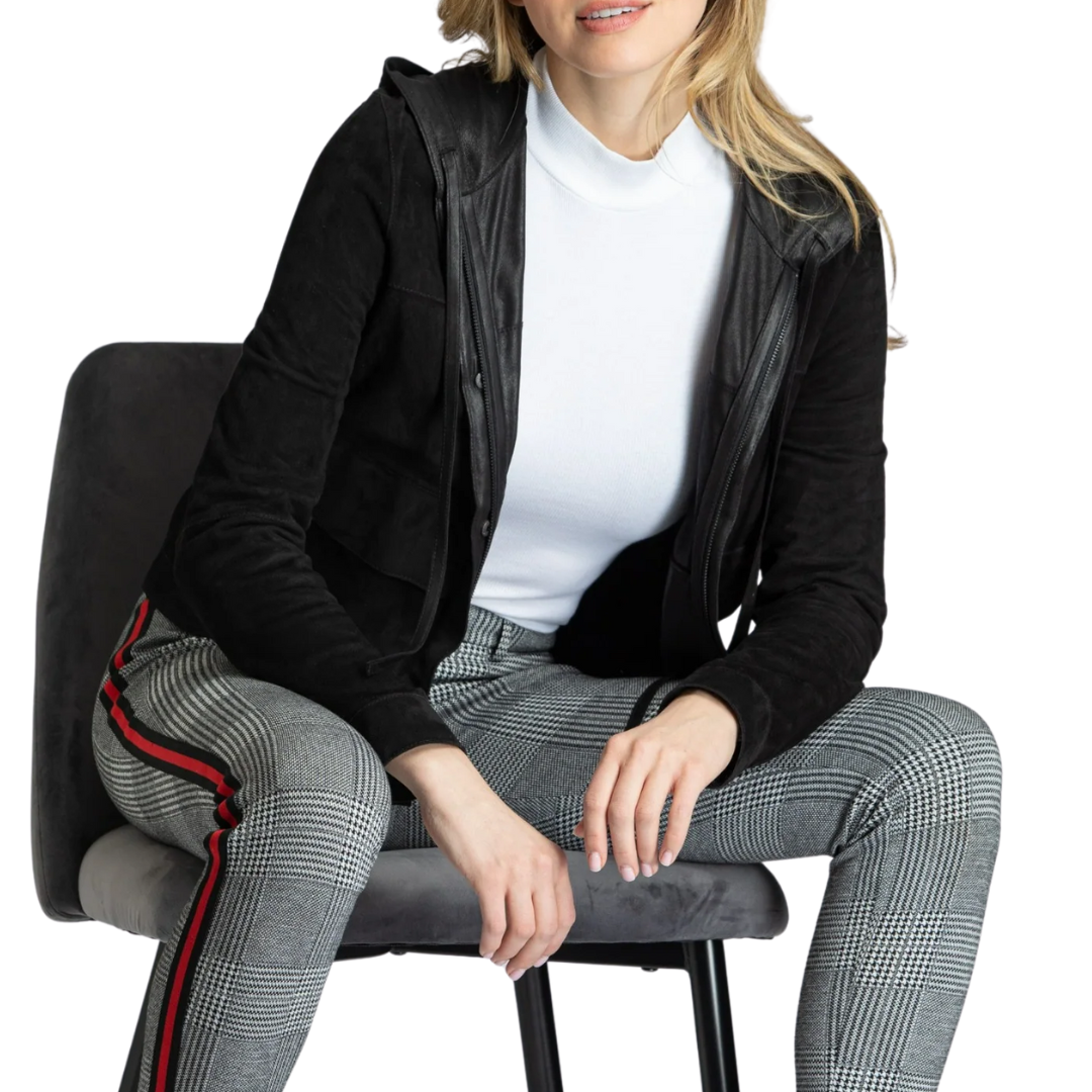 Double Faced Snap Front Hooded Jacket in Black