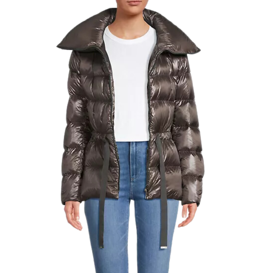 Drawstring Waist Padded Coat in Charcoal