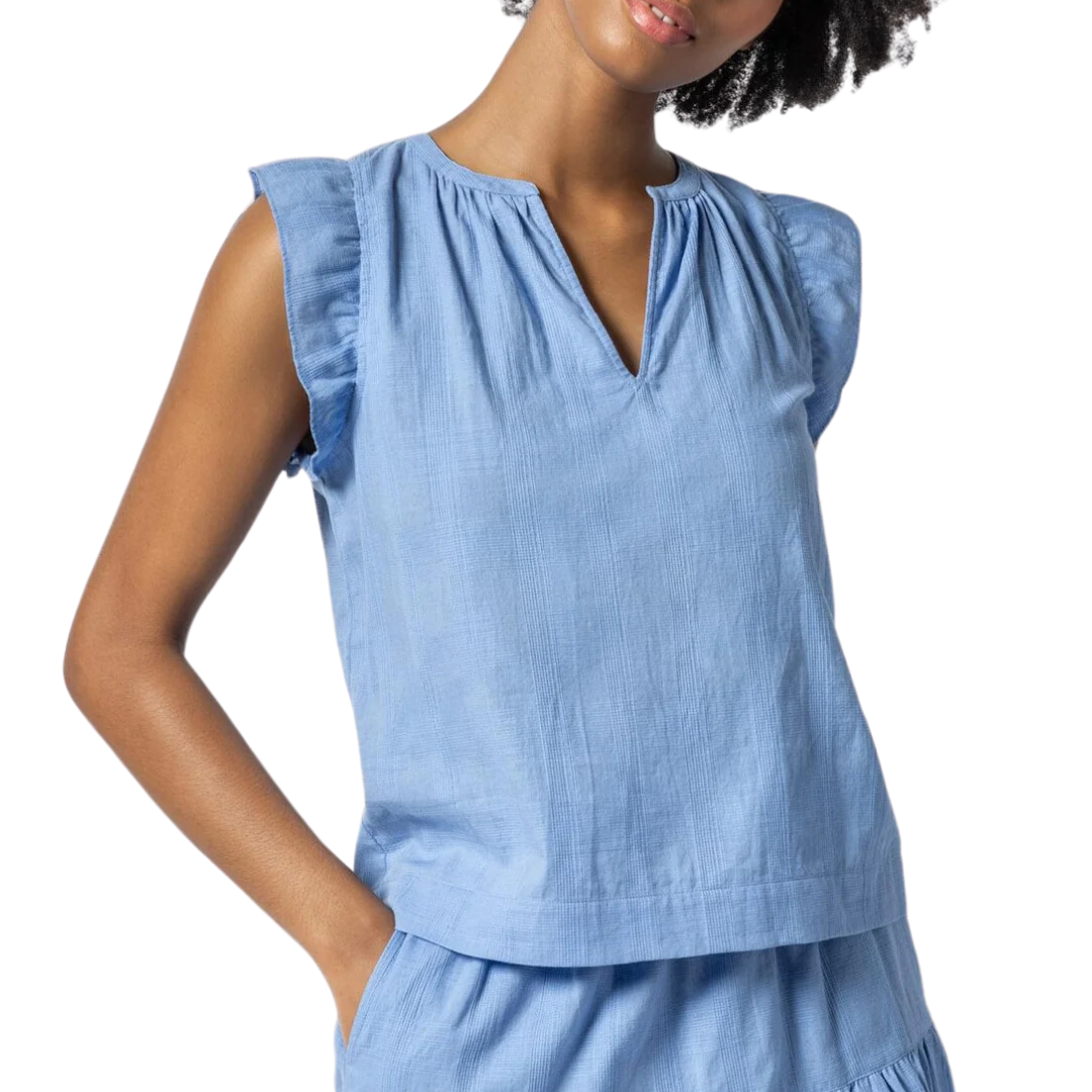 Flutter Sleeve Split Neck in Harbor