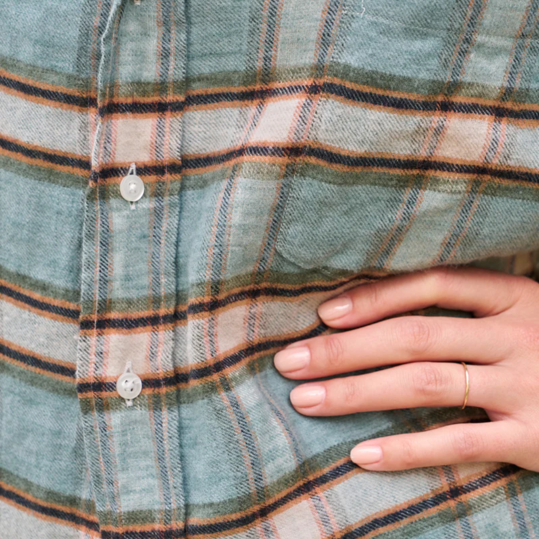 Shirley in Italian Linen Green and Sand with Black Plaid