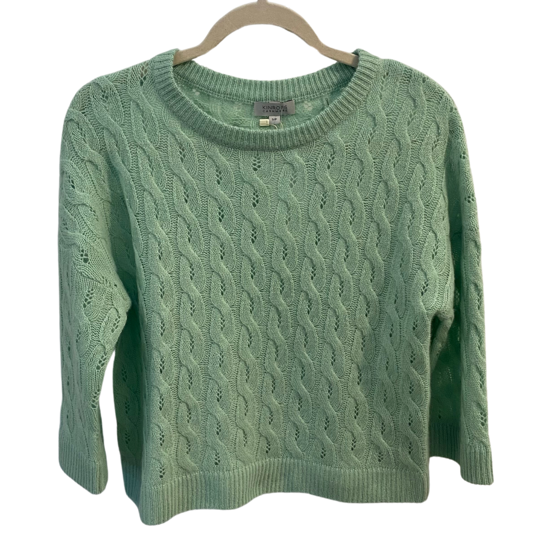 Three Qtr Sleeve Pointelle Cable Crew in Celadon