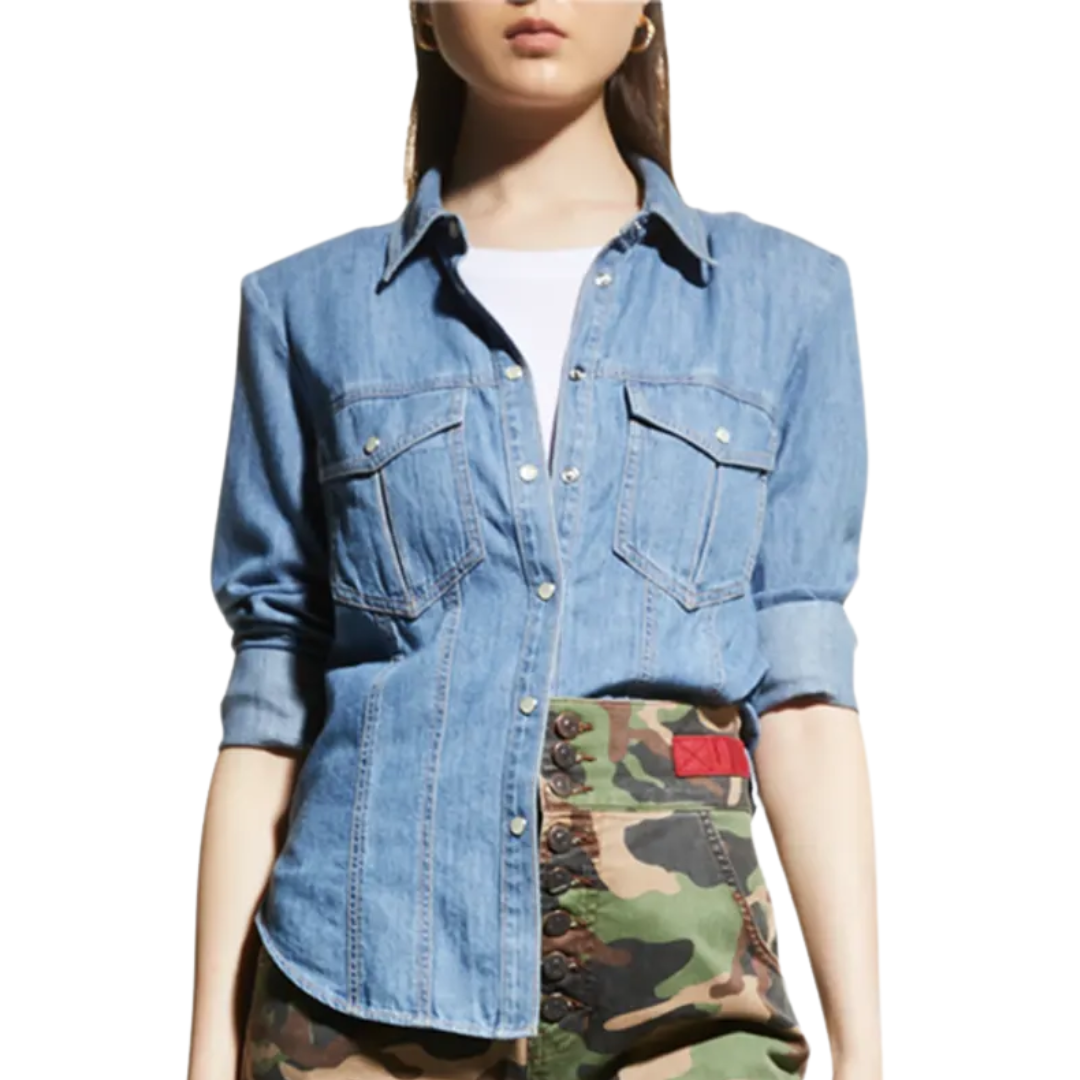 Crawford Seamed Snap-Front Denim Shirt in Mystic Blue