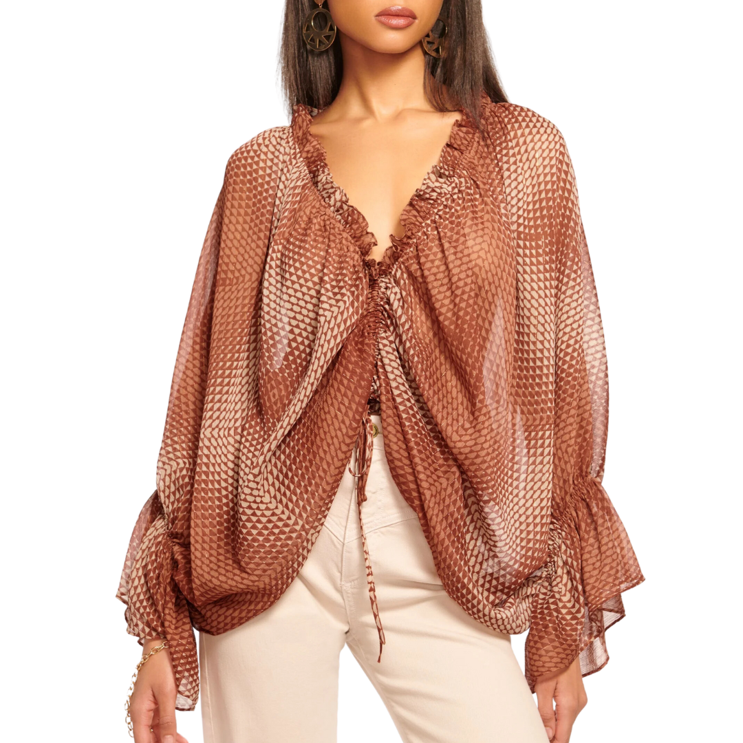 Susanna Ruched V-neck Blouse in Saddle Geo