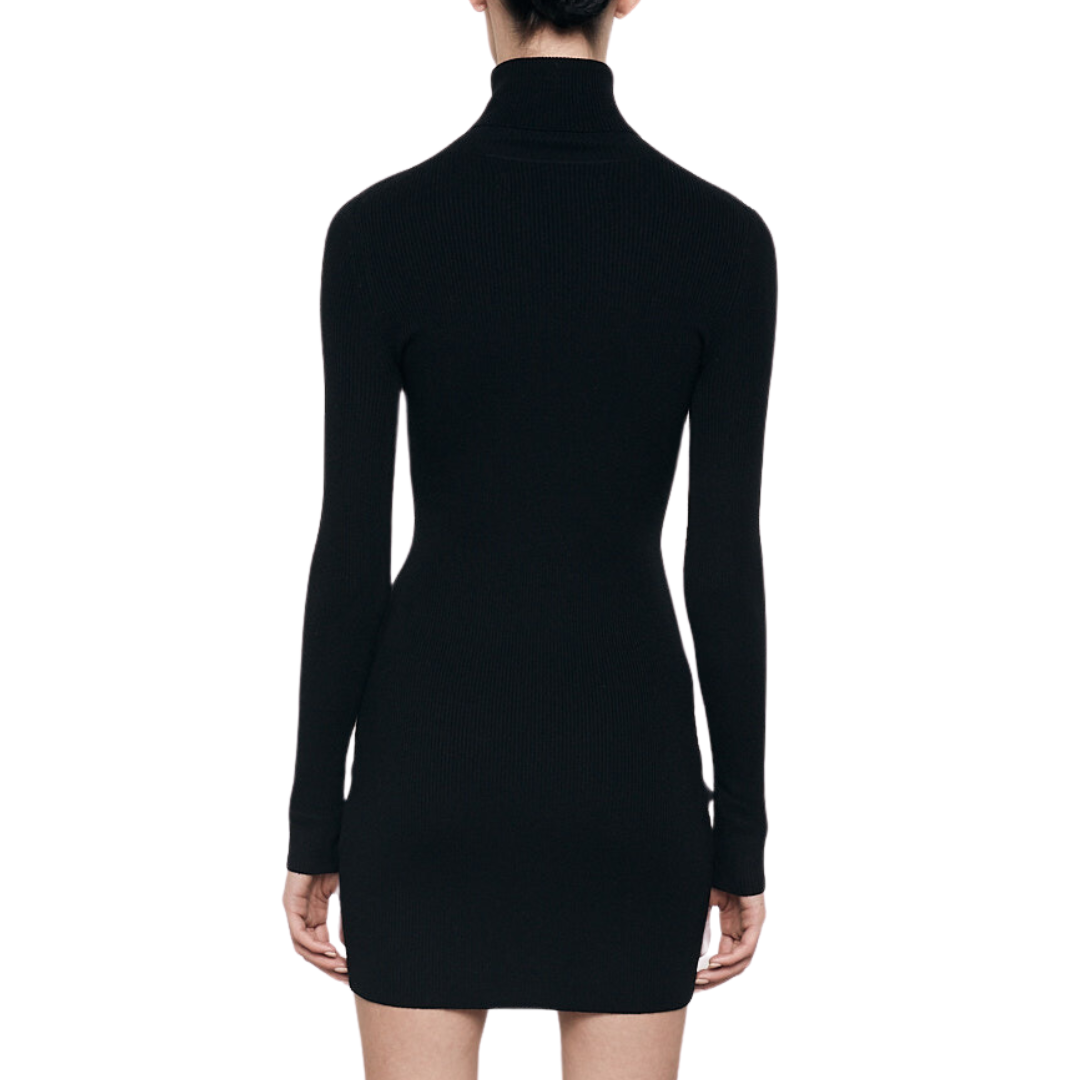 Silk Sweater Rib Turtleneck Mini Dress in Black